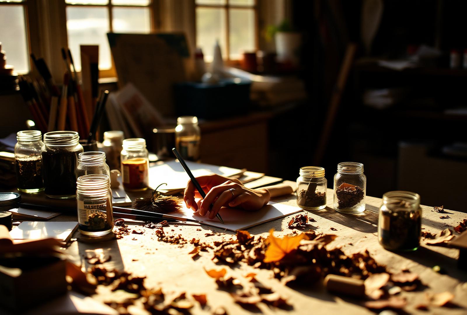 A studio table in late afternoon light, hands sketching among jars and dried leaves